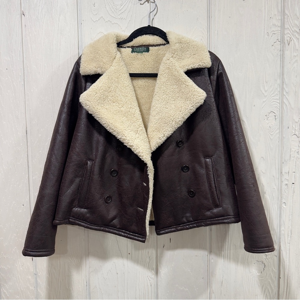 Ralph Lauren Dark Brown Faux Shearling Jacket with Cream Collar - Picture 2 of 8
